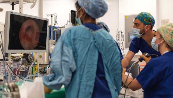 Photograph in an operating theatre of the backs of medics performing a procedure. They are viewing a screen in the background showing an image from the instruments they are holding.